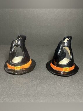 Set of 2 Halloween Black & Orange Ceramic Witch Hats Tealight Candle Holders 3"
